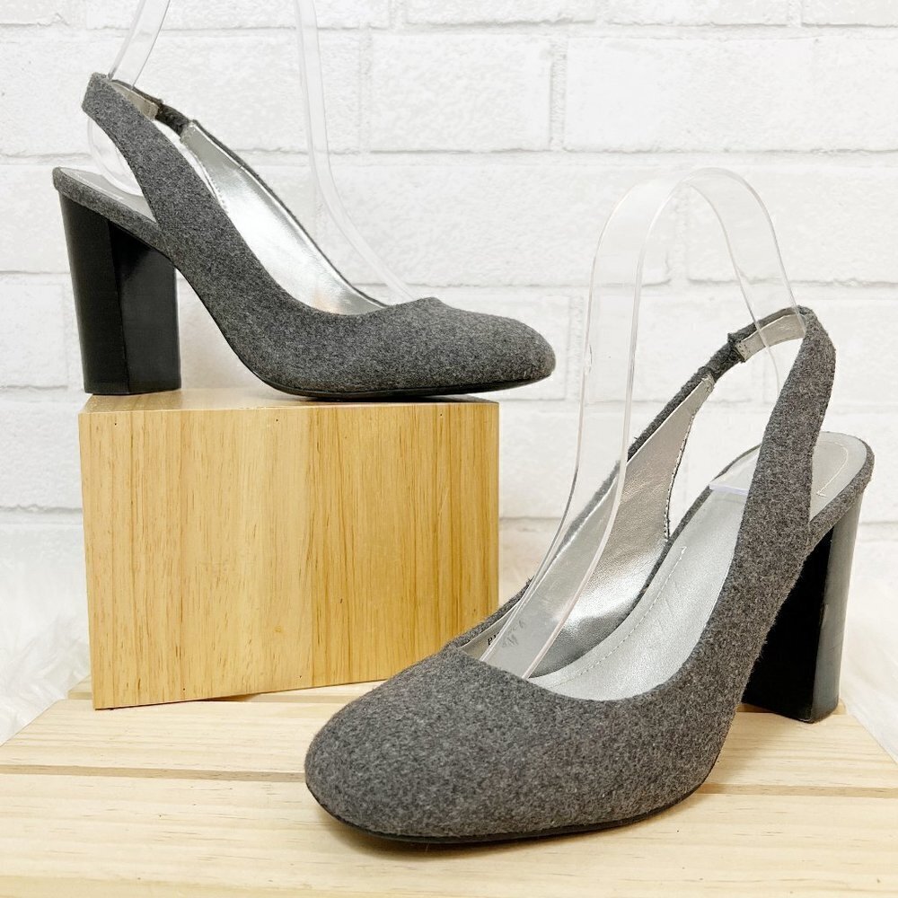 Tahari Pierce Gray Woolen Felt Flannel Slingback Stacked‎ Block Heels Size 8 M